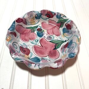 Jan Pugh Hand Painted Pie Dish Signed Studio Pottery 9.5 Inch Floral Baking Dish
